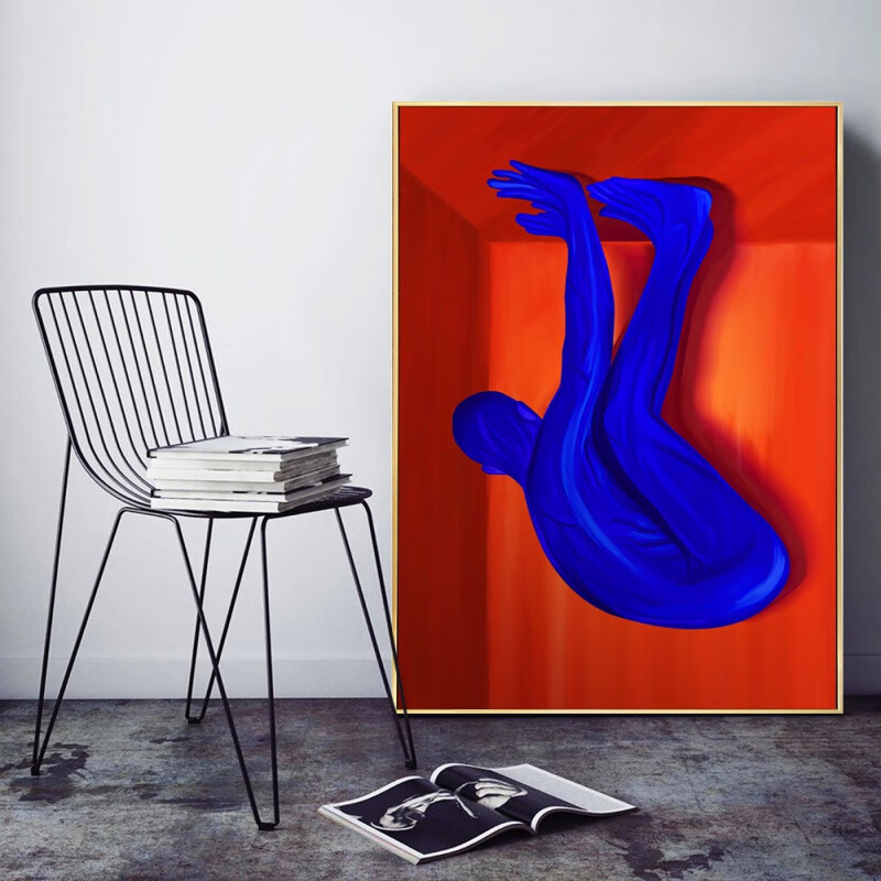挂画高级感  客厅原创现代轻奢抽象克莱因蓝挂画玄关橙红蓝色感艺术画