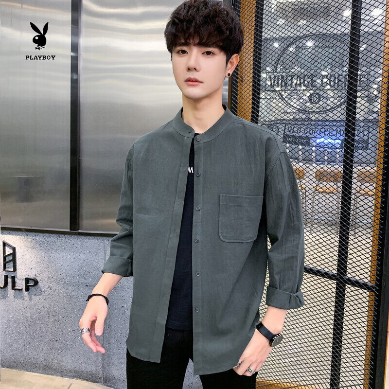 花花公子(playboy established 1953)长袖衬衫男春季薄款立领纯色寸