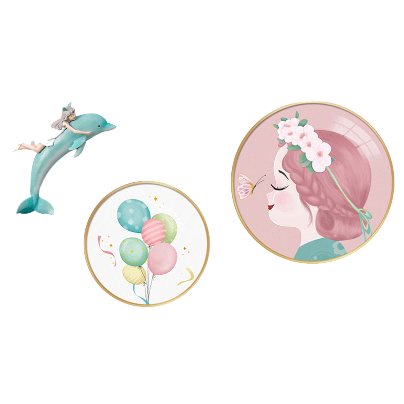 墨派（Mopai）創(chuàng  )意兒童房臥室床頭裝飾畫(huà)圓形掛畫(huà)海豚掛件粉色女孩房間墻面壁畫(huà) 粉色女孩D款 圓50+60cm(適合1.8米床)/晶瓷