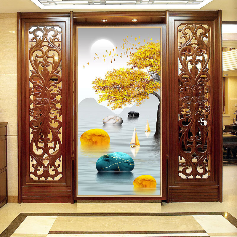 见  玄关挂画好运石头进门入户麋鹿山水风景竖版镶钻晶瓷装饰画招财树