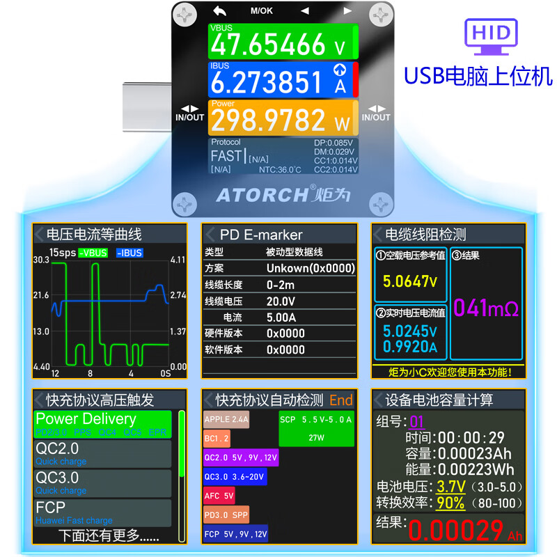 炬为ChargerLAB POWER-Z 240W PD3.1、UFCS协议usb测试仪KM003C电压表 C13P增强版多功能型+电脑联机线