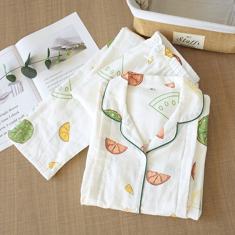 摩登孕妈（MODENGYUNMA）纯棉纱布月子服夏季薄款产后哺乳装长袖长裤孕妇睡衣开衫大码碎花 纱布月子-柠檬片片-白 L120-140斤