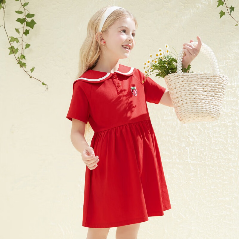 LAVI | 女童裙子2021夏季新款女童连衣裙可爱海军领儿童连衣裙童装女 中国红 160