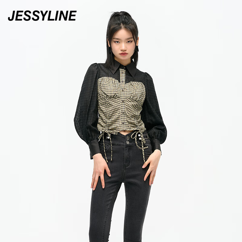 Jessy line【2折特卖款】杰茜莱女装时尚格子拼接修身衬衫上衣 132202079 浅绿色(无配饰)  XS/155