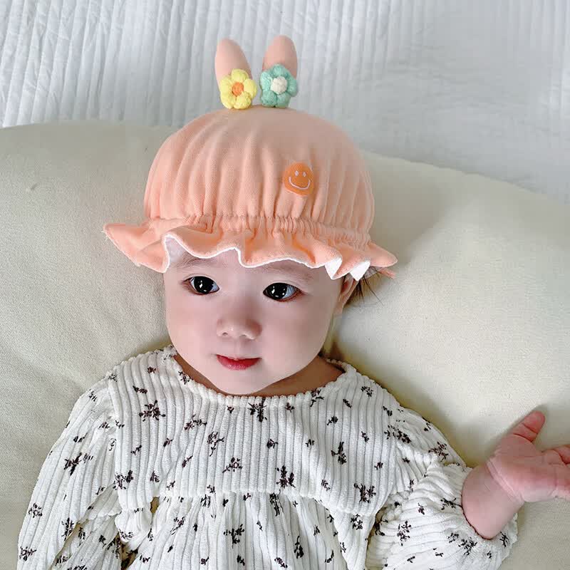 纯棉可爱超萌男女宝宝幼儿春秋渔夫帽 帅笑脸耳朵花盆帽加绒款—橘色