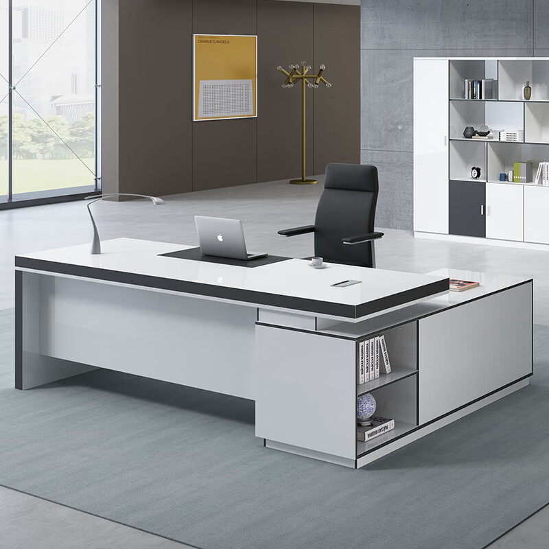 8m米白色老板桌子电视台主任主编办公室单人桌椅组合 1.6米老板桌