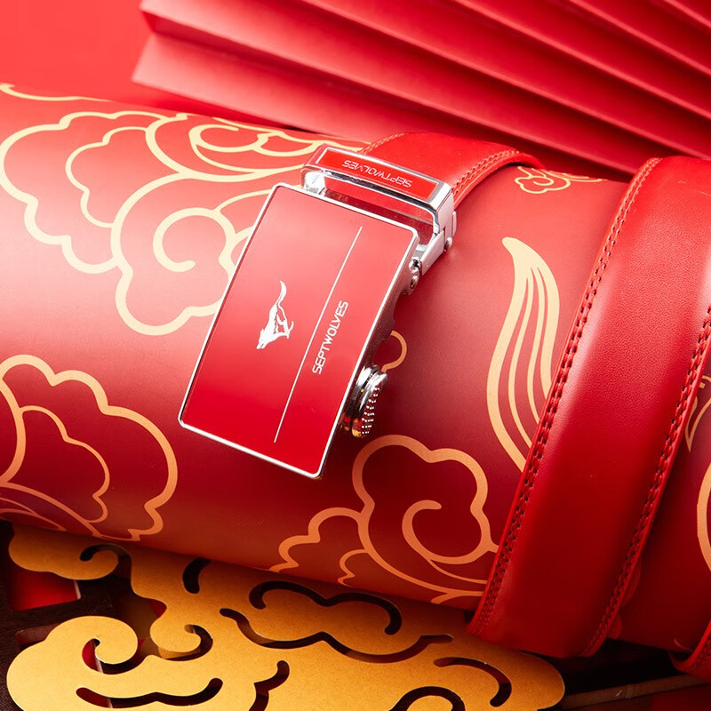 七匹狼本命年皮带2026新款马年男士真牛皮自动扣红腰带生日送爸爸送男友 吉祥鸿运丨中国红 120cm (120-125)