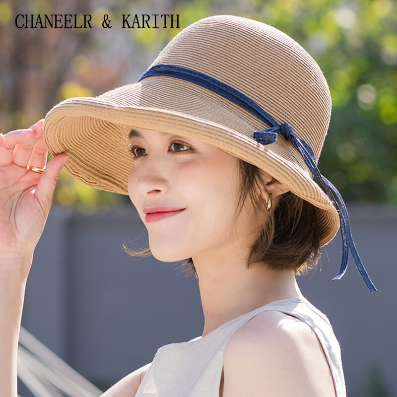 CHANEELR & KARITH防晒帽子女2026新款遮阳帽夏季草帽渔夫帽大沿太阳帽沙滩防紫外线 本草色-蓝带 均码