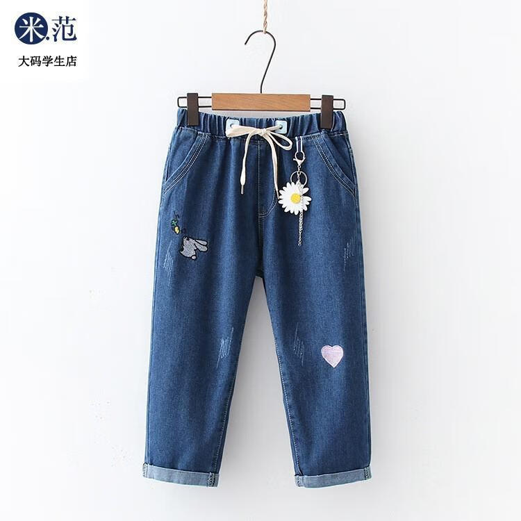 like2024夏季胖女童牛仔七分裤加肥宽松卡通刺绣中大童高腰休闲马裤子