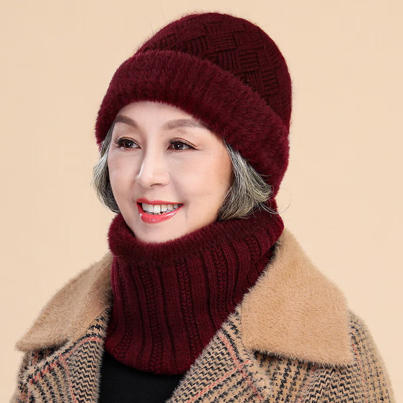 老太帽冬季针织帽中老年人加绒毛线帽女士妈妈婆婆帽子 暗红帽子 围脖