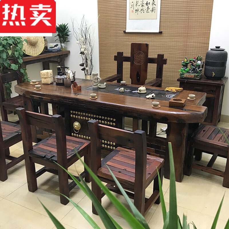 采缇老船木茶桌椅组合新中式禅意实木茶艺桌船木茶台桌家具一体套 1.35米+4靠背+雕龙椅 整装