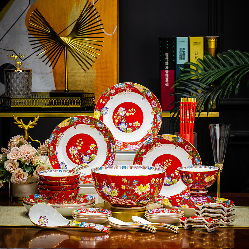 曼远景德镇珐琅彩餐具套装商用送礼物骨瓷家用米饭碗汤面碗高档礼品碗 虞美人富贵白 38件套