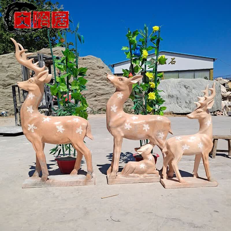 良然 晚霞红石雕小鹿梅花鹿母子鹿长颈鹿户外公园广场石材喷水鲤鱼吐