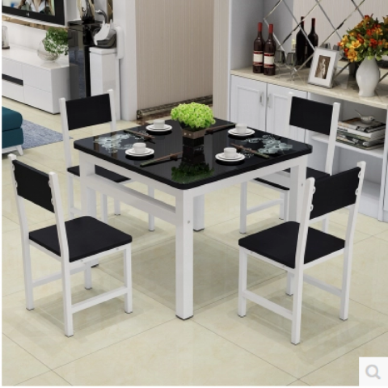 正方形餐桌椅组合现代钢化玻璃烤漆家用饭桌小户型厨房餐厅四方桌 黑