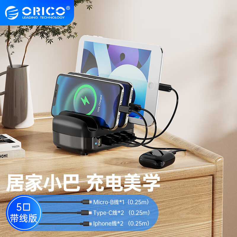 奥睿科（ORICO）多口充电器 40W大功率5口USB苹果华为手机ipad充电站带支架设计/带五根充电线 DUK-5P-