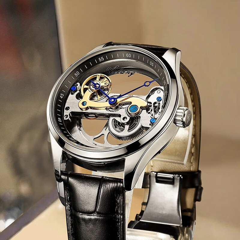 艾浪（AILANG）手表男士瑞士品质镂空超薄全自动机械表防水黑科技虫洞概念男表 银壳黑圈皮带