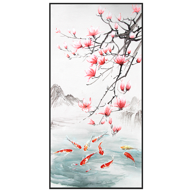 安格里油画定制新中式玄关水墨手绘玉兰花九鱼客厅红色油画装饰画