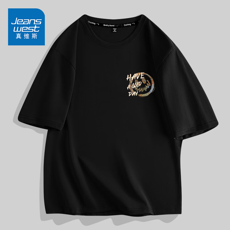 真维斯（JEANSWEST）短袖T恤男2023夏季新款美式复古潮流印花纯棉宽松大码青少年半袖 黑色 拼贴笑脸_K M【100-115斤】怎么看?