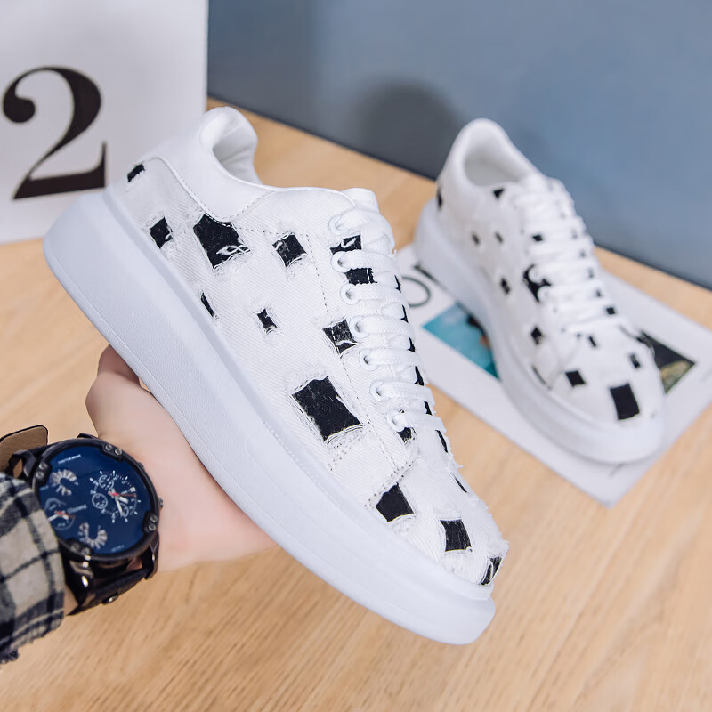 回力瑞轻奢男鞋韩版潮流破布小白鞋男士春季新款百搭破洞增高厚底休闲