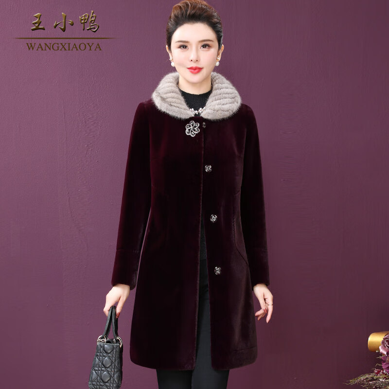 王小鸭冬季外套女新款羊剪绒水貂毛领贵夫人保暖皮草 紫红 m