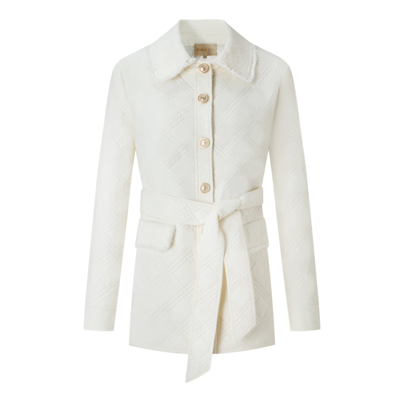 PORTS寶姿女裝秋季新款簡約優(yōu)雅復古幾何絎縫系帶收腰棉服女 奶白色 M (6)