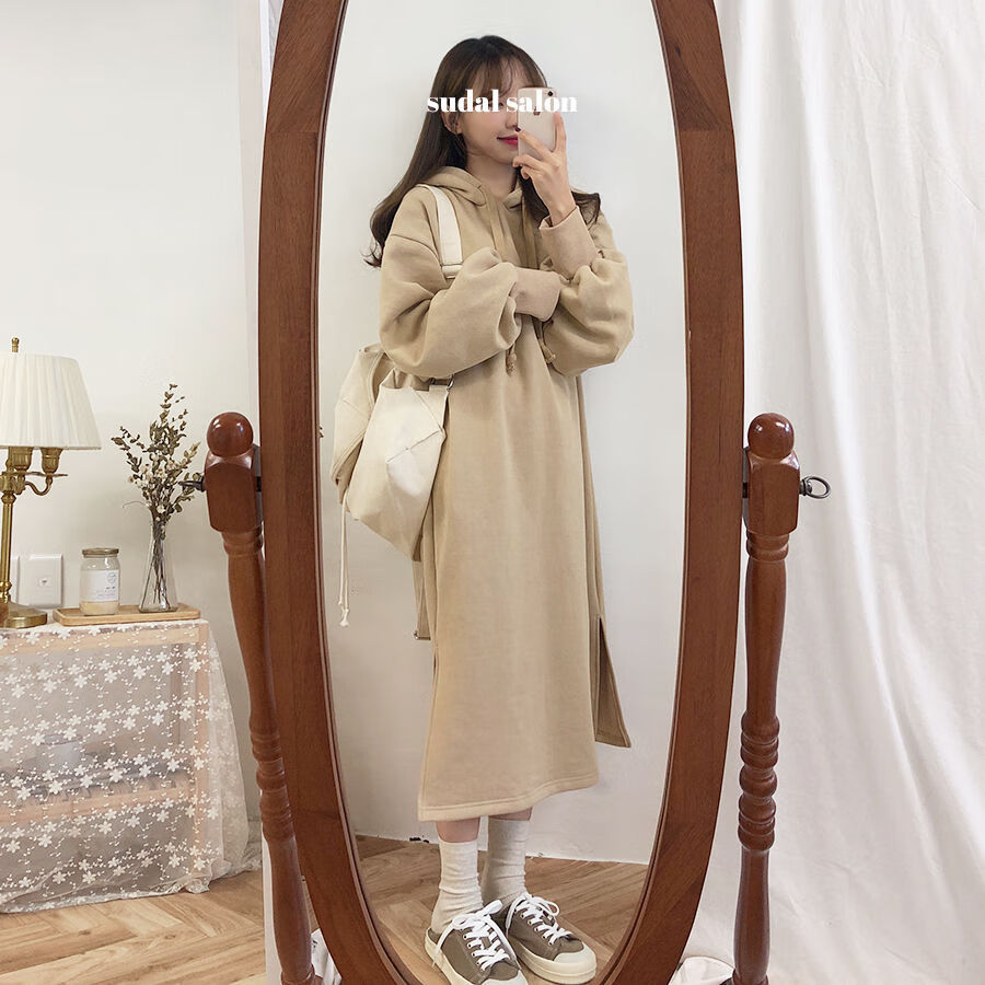 青少年初中生冬季連衣裙加厚學(xué)生秋冬韓版氣質(zhì)純色中長(zhǎng)款原宿風(fēng)寬松連帽加絨加厚衛(wèi)衣連衣裙長(zhǎng)裙女 杏色【優(yōu)質(zhì)面料_不起球_】 M_建議100以內(nèi)