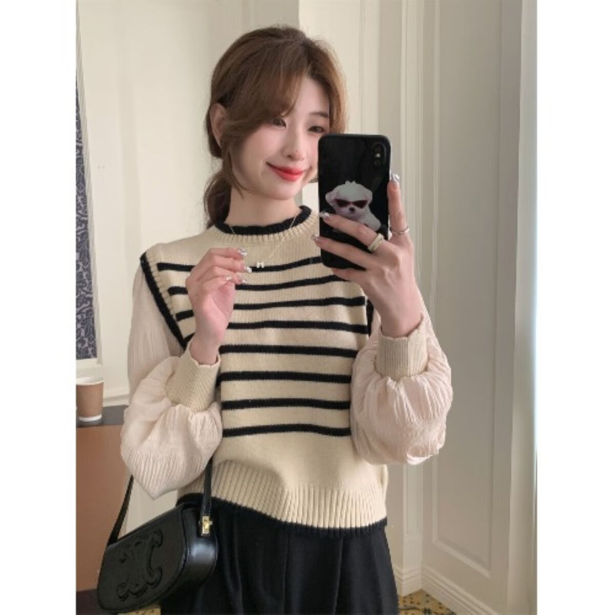 待婉kumikumi圆领设计感假两件针织衫女春季撞色条纹宽松百搭毛衣上衣