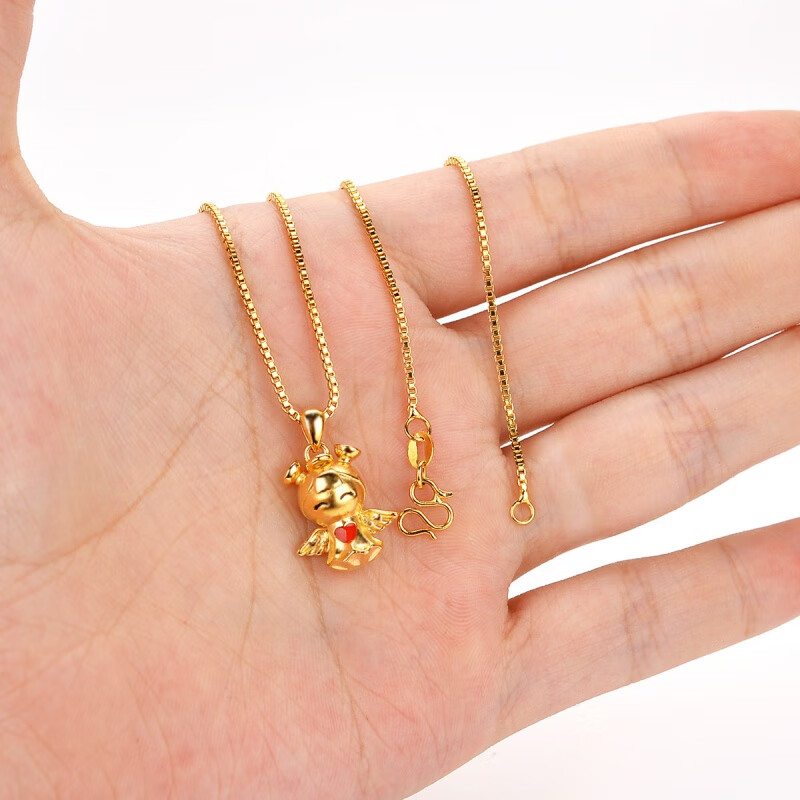 仿3D硬金滴油吊坠 小女孩天使挂坠 翅膀心形搭配锁骨链 沙金首饰 吊坠+限时送链