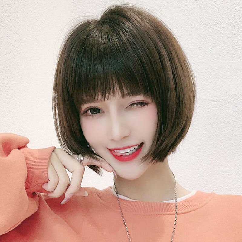 假发女短发真发波波头网红全头套bobo圆脸修脸修颜减龄发套 摩卡棕 真