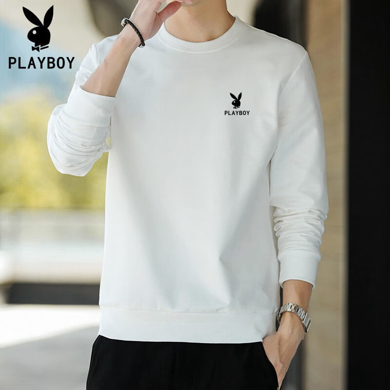 花花公子（PLAYBOY）卫衣男士长袖T恤春秋季打底衫加绒加厚休闲宽松圆领休闲上衣 白色 【春秋款】 XL 码建议120