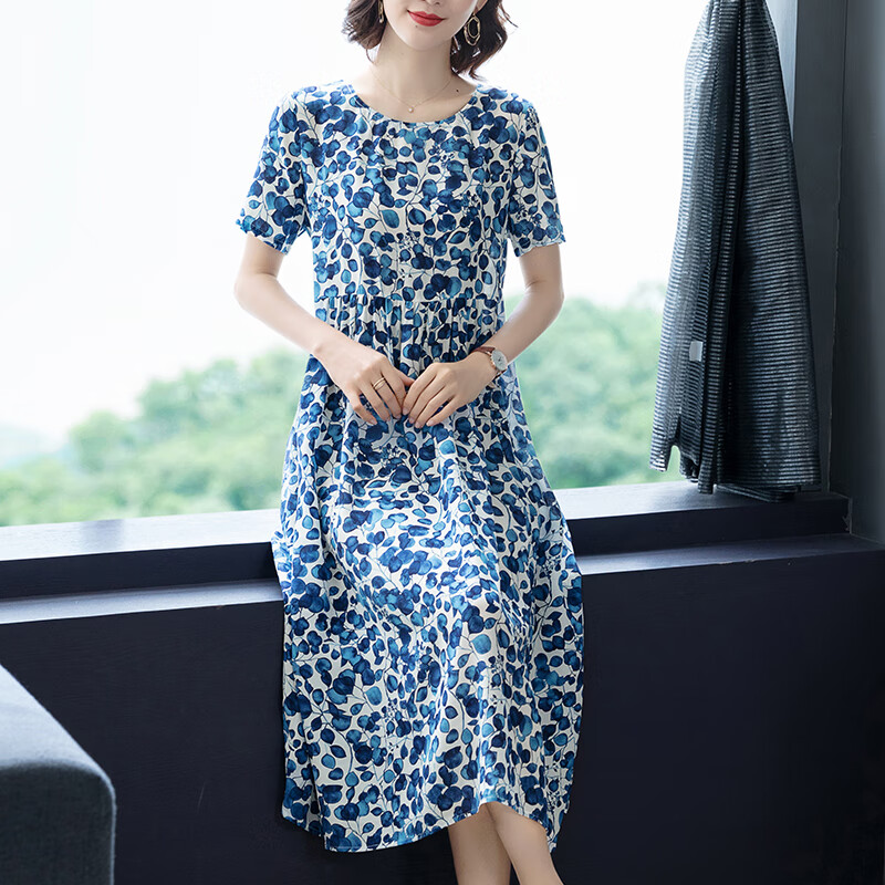 杭州2020新款真丝连衣裙女桑蚕丝碎花长裙反季 蓝花色 m 95-105斤
