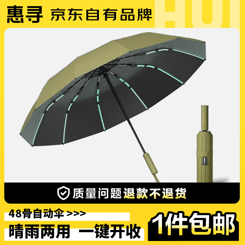 惠寻   48骨全自动晴雨伞 加大加固防风防晒黑胶伞 绿色