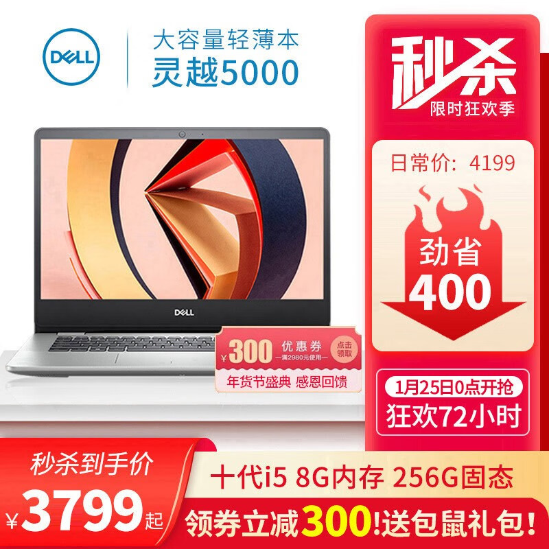 戴尔(DELL)灵越5000燃5493/成就3401轻薄本14英寸办公学生手提商用笔记本电脑 i5-1035G1 8GB 256G固态推荐定制 【十代酷睿】高性能核显 全高清屏