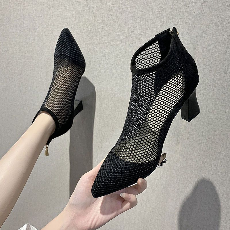 百丽踏粗跟高跟凉鞋网纱中跟单鞋女春夏季新款镂空百搭网面时尚女鞋