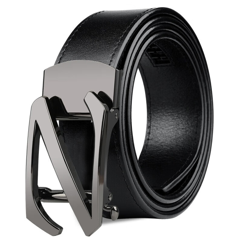 扣头层纯牛皮休闲腰带中年商务裤带裤腰带【好物】 枪色扣-黑色 105cm