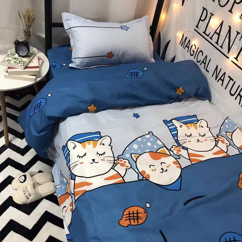 单人亲肤水洗棉三件套大学生宿舍床上用品被罩枕套上下铺床单被套 晚安猫 床单1.5x2.0米+枕套一只