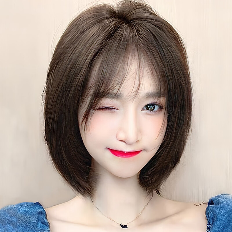 天使丝丝假发女短发洋气空气刘海短直发包脸bobo头全头套 深棕色