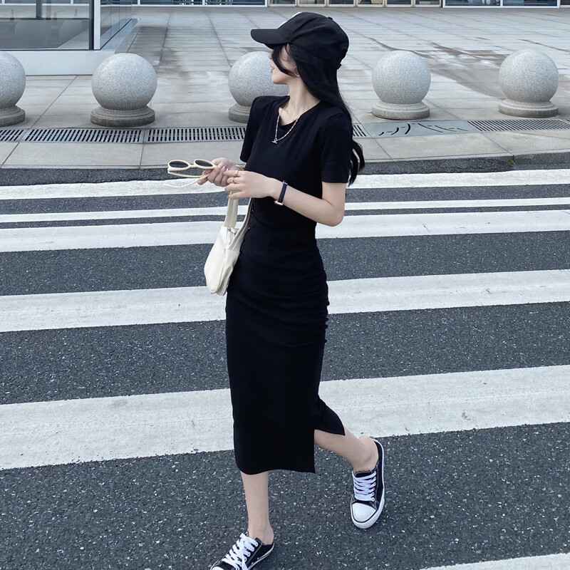 菲奢兰莫代尔连衣裙夏外穿中长款修身褶皱短袖包臀裙新款女连身长裙 8608黑色 M