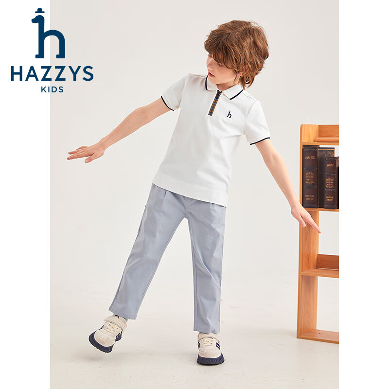 哈吉斯(HAZZYS)品牌童装男童短袖夏季新品柔软弹力经典翻领撞条短袖POLO衫 米白色 165cm