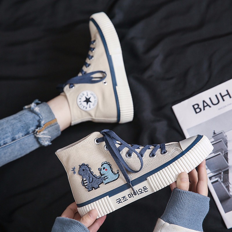 束念帆布鞋女2023春季新款高帮系带卡通国潮百搭韩版学生休闲鞋子 米色单里 38使用感如何?