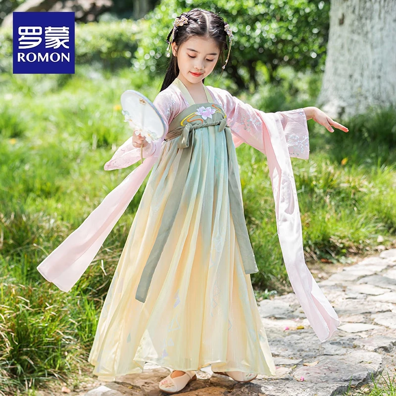 罗蒙女童汉服夏季款2026款儿童中国风原创齐胸襦裙唐装毕业演出服 敦煌绿1181 160