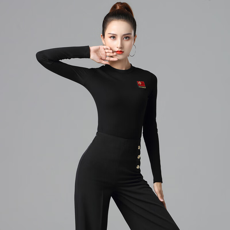 蝌拉丁舞上衣女国标舞蹈圆领摩登舞演出服新款长袖秋冬练功服装 黑色1