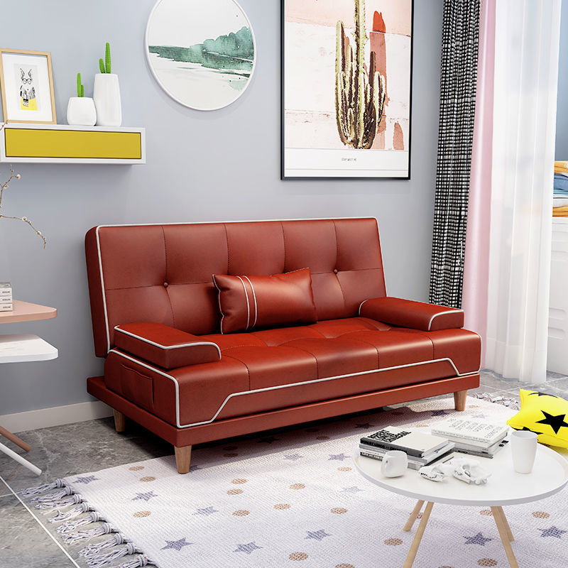 科技布艺沙发床组合卧室客厅简易小户型新款 科技布全橘红拼米白线 1