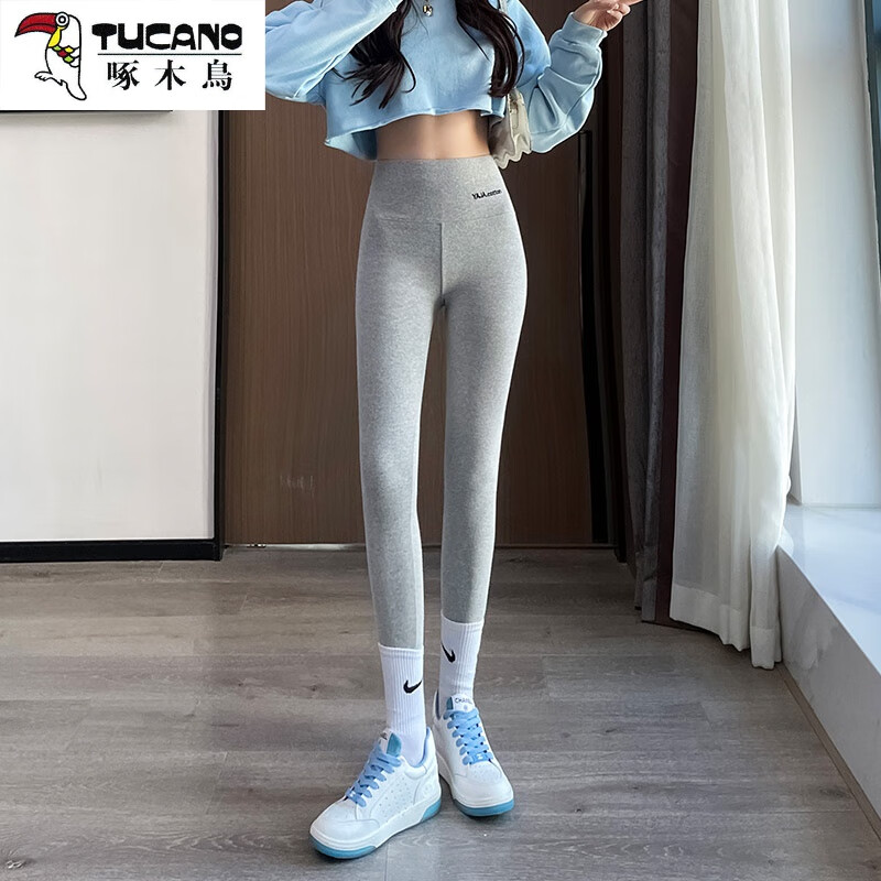 啄木鳥(niǎo)（TUCANO）純棉打底褲女外穿春秋季薄款彈力大碼黑色秋褲高腰緊身灰色九分褲 淺灰色一條裝 L 100-120斤