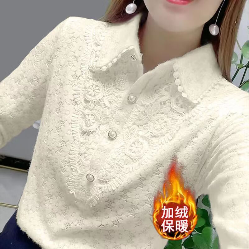 KAHTOP2024秋冬新款蕾絲娃娃領(lǐng)襯衫女長袖內(nèi)搭小衫加絨加厚打底上衣DJC 【791】杏色 加絨 2XL碼(建議125-135斤)