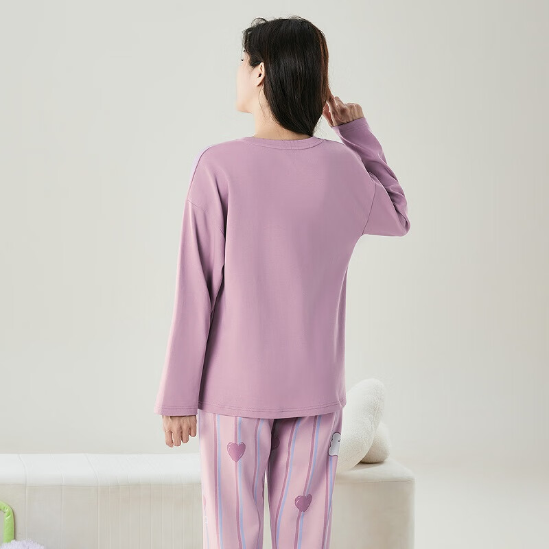 芬腾【纯棉爱心萌熊】冬圆领卡通可外穿长袖女士家居服睡衣套装女 紫色 L