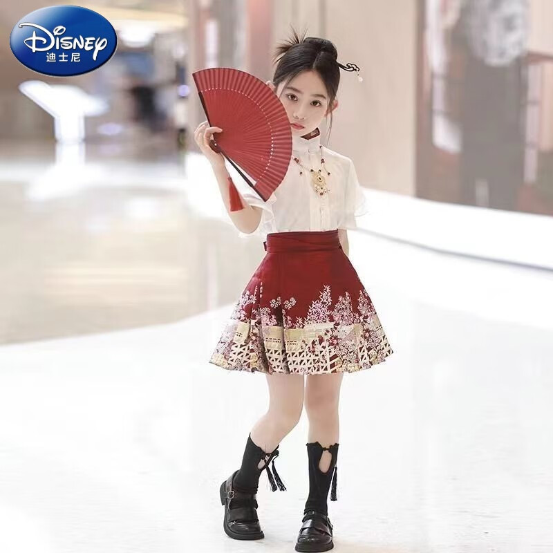 迪士尼（Disney）马面裙女童套装夏季短袖中国风夏天童装半身裙汉服短款连衣裙 酒红色马面裙加上衣加项链 140
