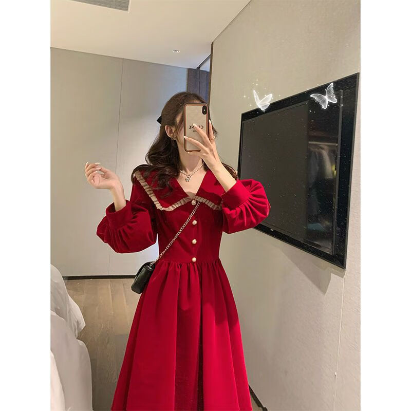 珍妮羊红色金丝绒连衣裙秋冬天新款法式复古设计感灯笼袖赫本风裙子