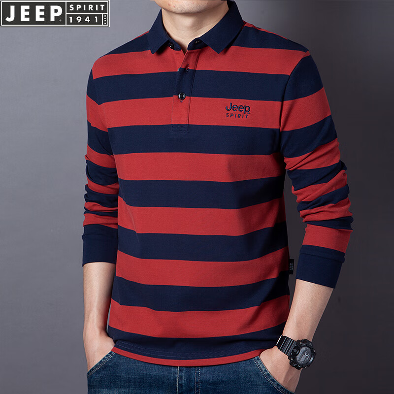 JEEP SPIRIT棉男士长袖t恤春秋季修身休闲翻领条纹打底Polo上衣 桔红色 M