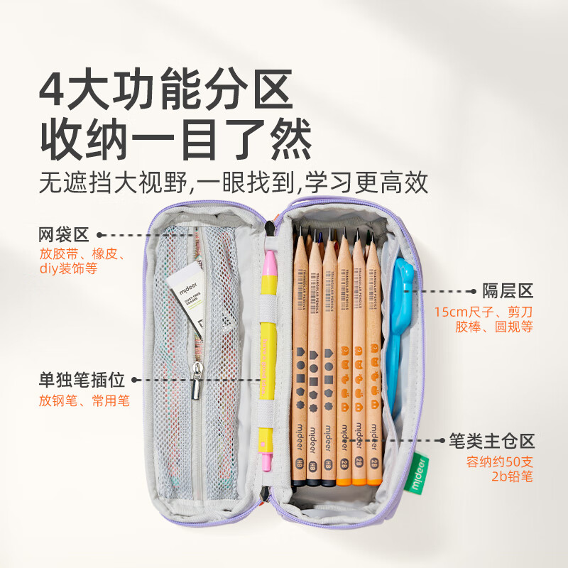 弥鹿(MiDeer)笔袋大容量画笔收纳盒小学生铅笔绘画文具盒一二三年级 多功能笔袋-春野森森
